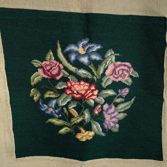 Victorian Floral Rose Lilly Handmade Vintage Needlepoint 18” Square Tapestry - Picture 3 of 10